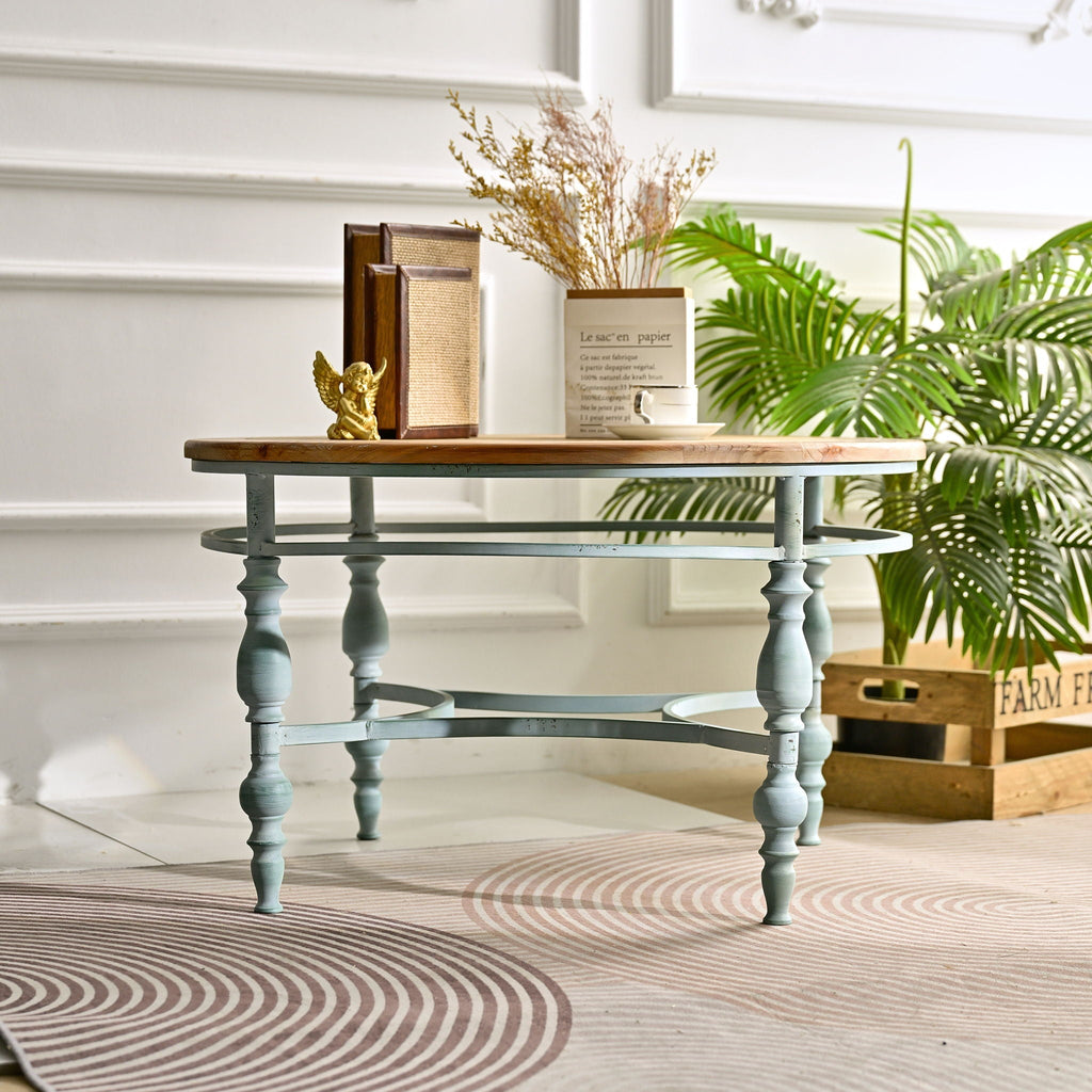 Round Top Carved Coffee Table with Metal Legs - Light Brown