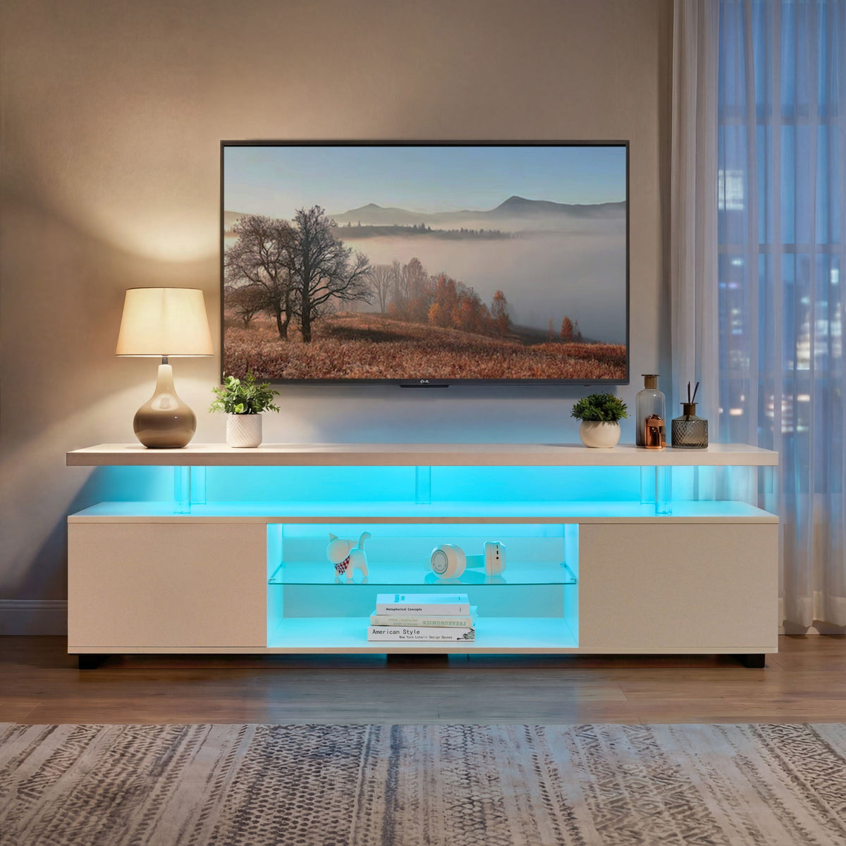 TV Stand with LED and Large Side Cabinet - White, Black, or Gray