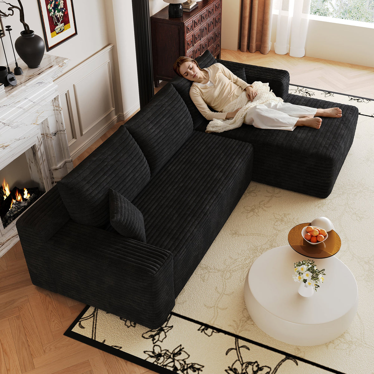 Modern Minimalist Cloud Sectional Sofa with Plush Corduroy Fabric - Light Gray