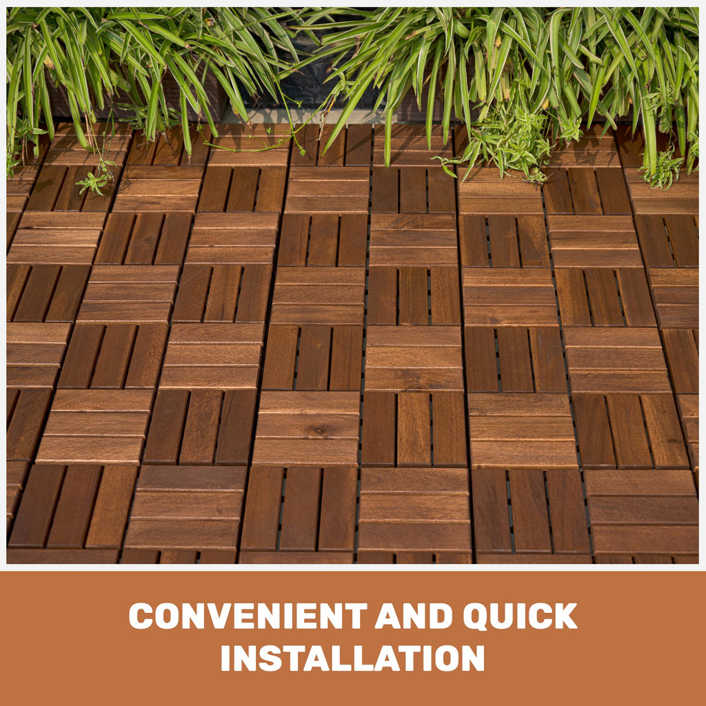 Acacia Wood Interlocking Deck Tiles with Checker Pattern - 20-Piece Set