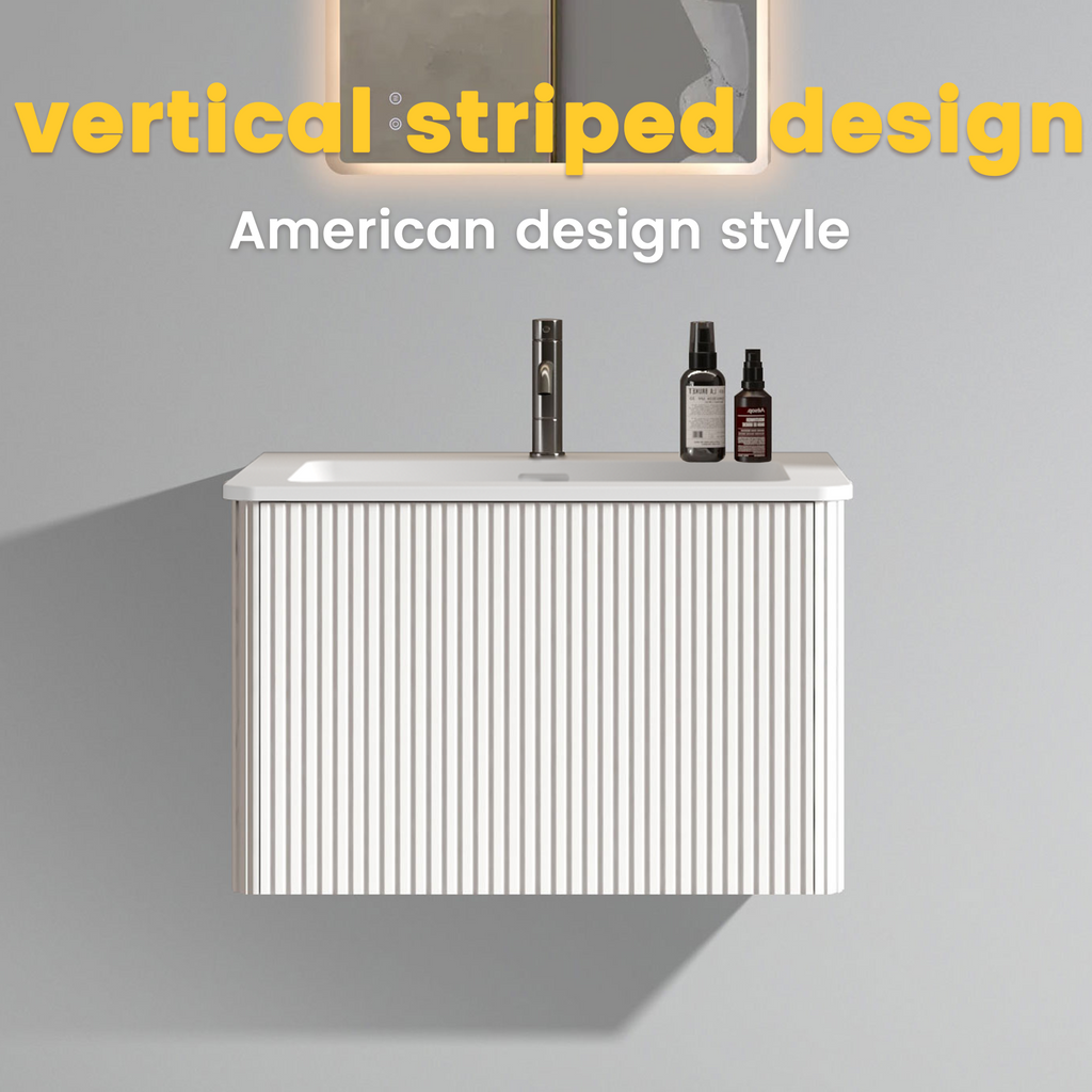 24" Striped Soft White Bathroom Vanity with Integrated Ceramic Sink - Soft White