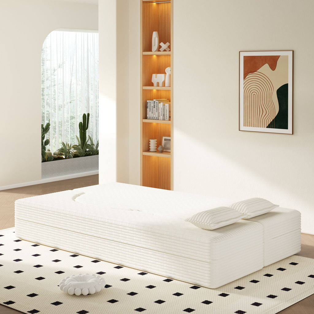 Convertible Floor Sofa with 2 Pillows - Twin Size Corduroy - White or Gray