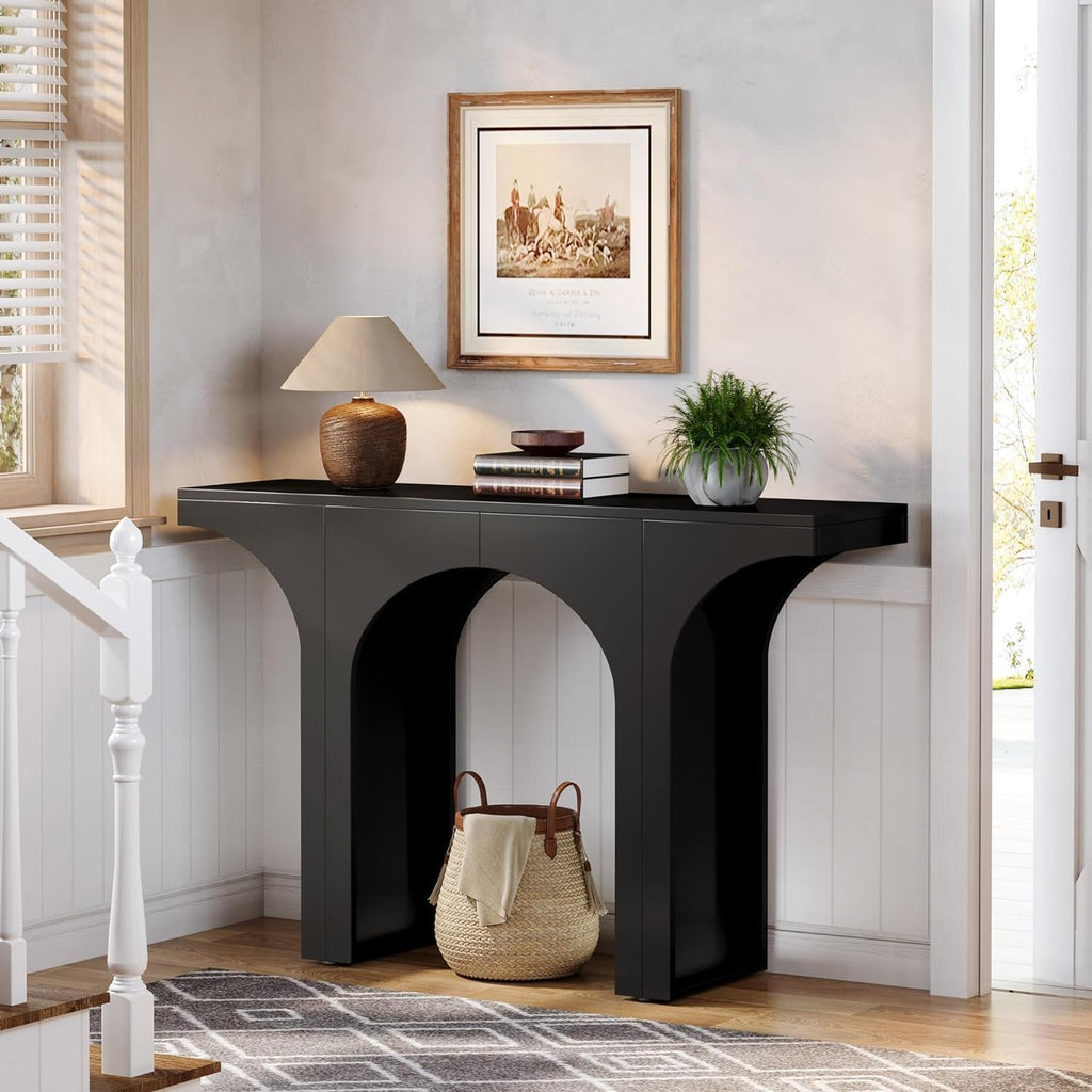 Black Console Table with Arched Base - Solid Wood & MDF