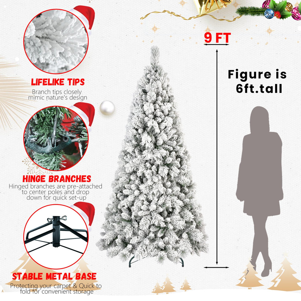7FT Flocked Christmas Tree with Hinged Design - Snowy White