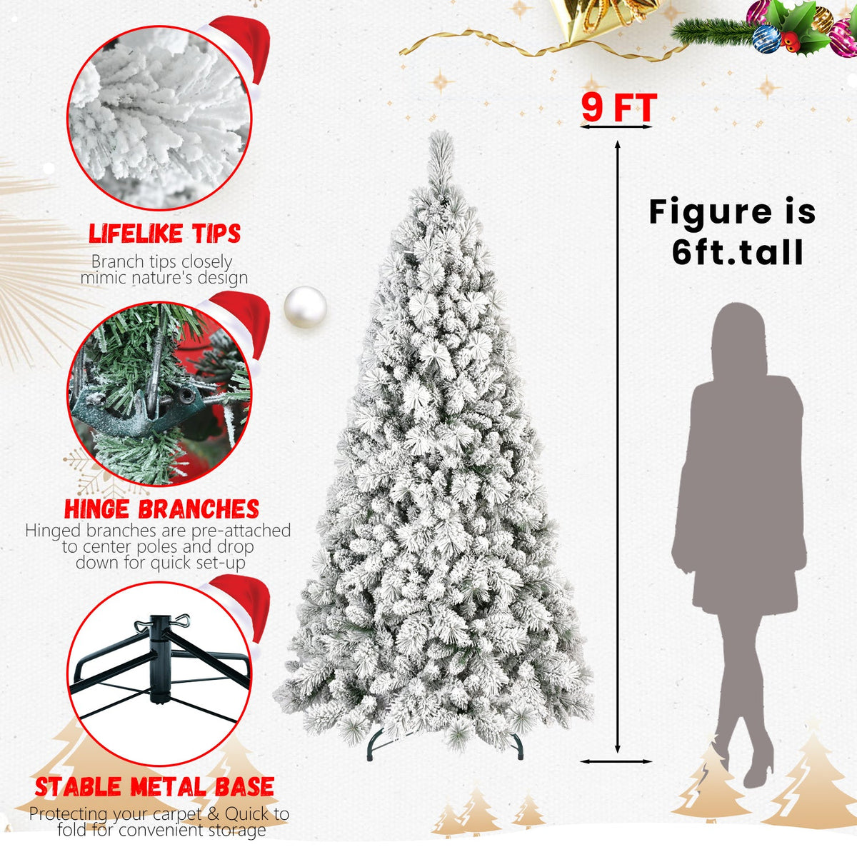 7FT Flocked Christmas Tree with Hinged Design - Snowy White