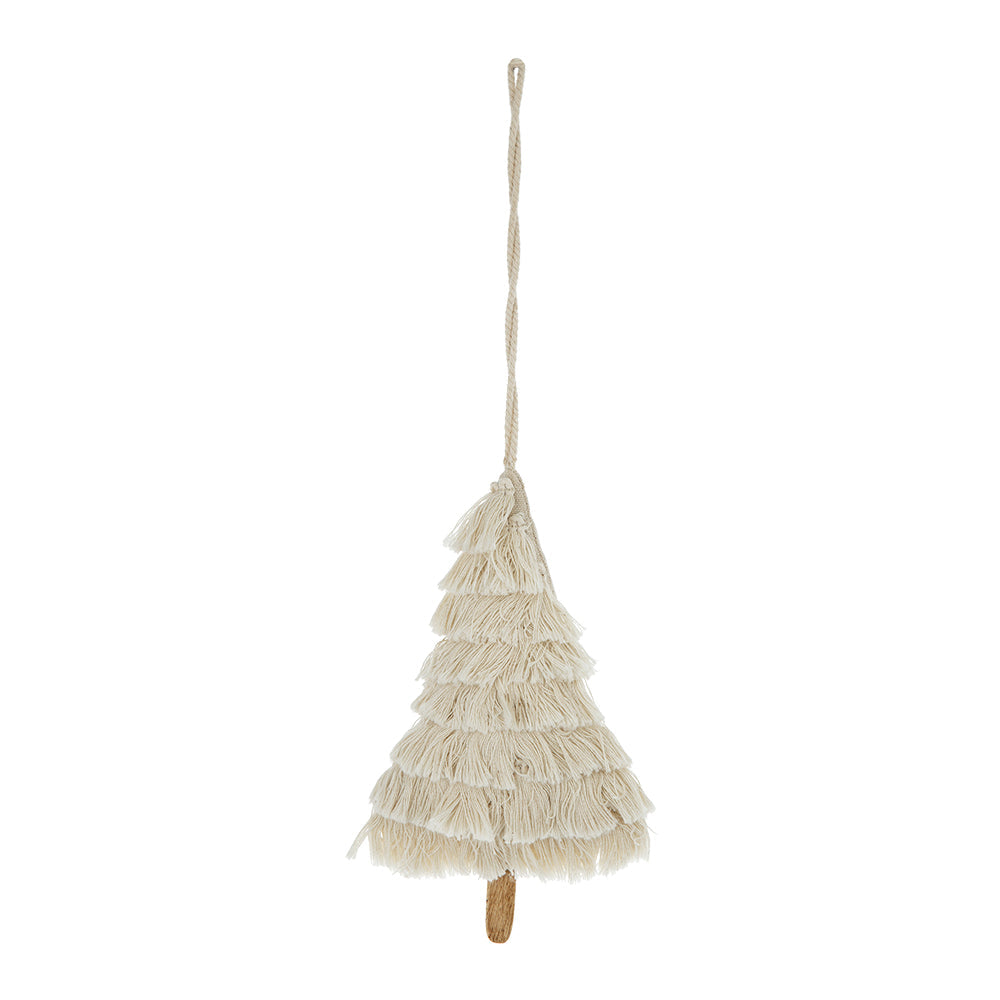 Fringes Embellished Tree Shape Ornament Set of 6 with Cotton Fringe - Natural