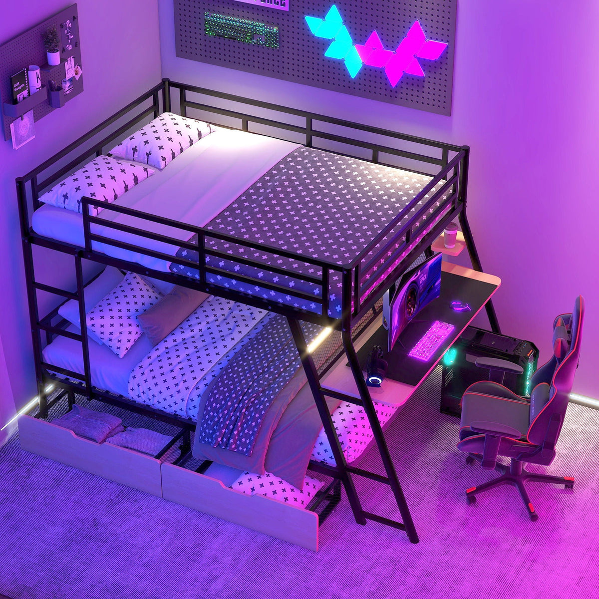 Full Size Bunk Bed with Built-In Desk, Light & 2 Drawers - Black