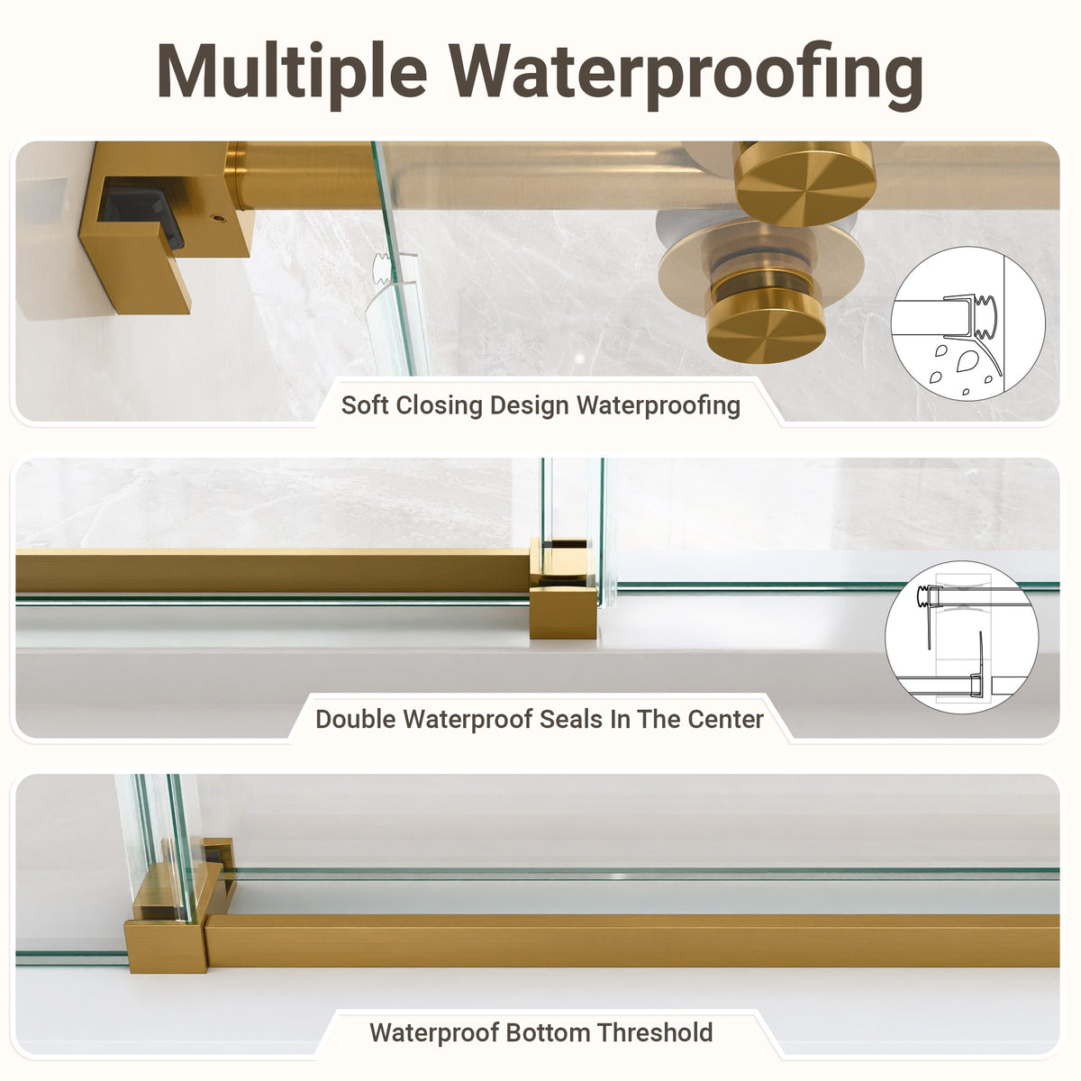 Frameless Sliding Shower Door with Quiet Rollers - Brushed Gold