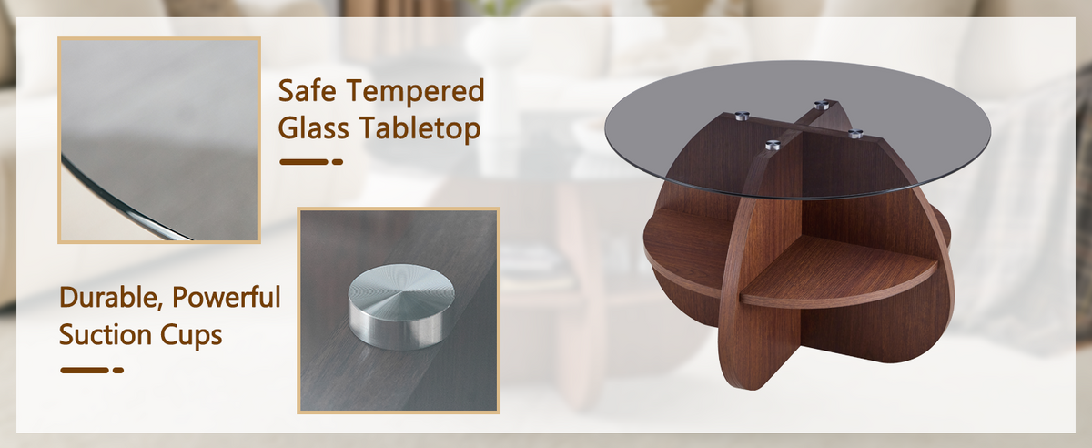 Creative Cross-Structure Round Coffee Table with Glass Top - Walnut Finish