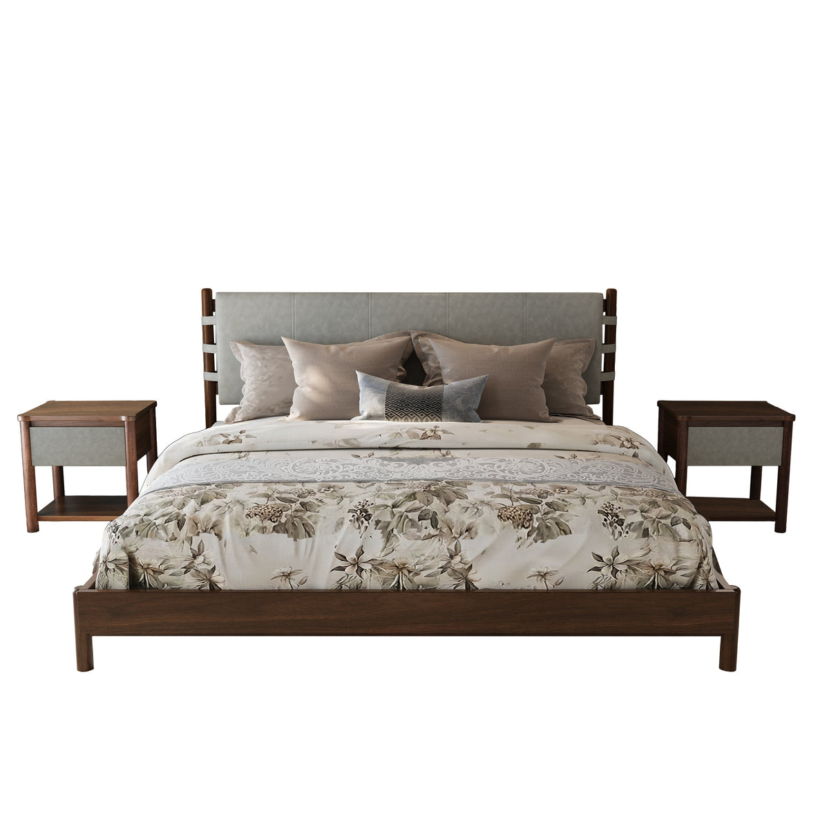 Modern King Bed Frame Set with 2 Nightstands - Wood Bedroom Set