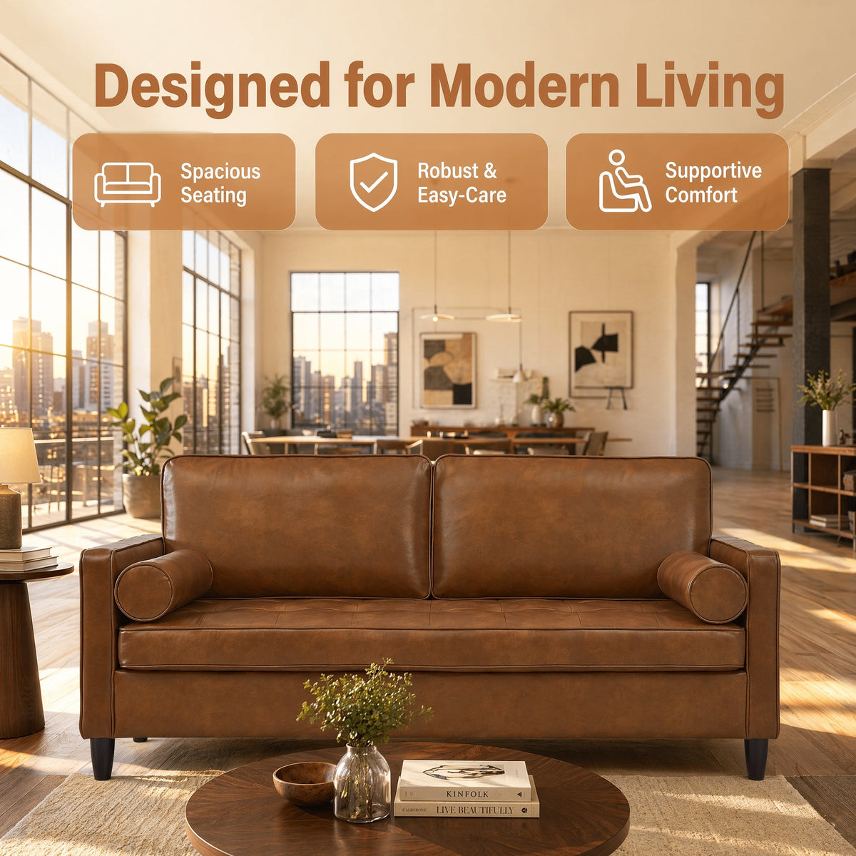 Classic Design Leather Couch with Tufted Seat Cushion - Faux Leather