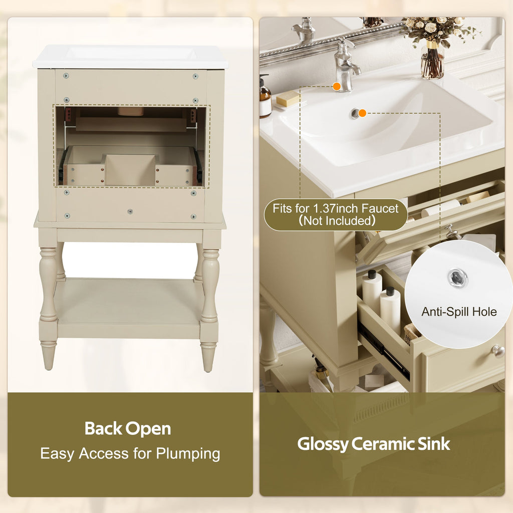 20" Bathroom Vanity with Ceramic Sink and Storage Cabinet – Beige, Black, White