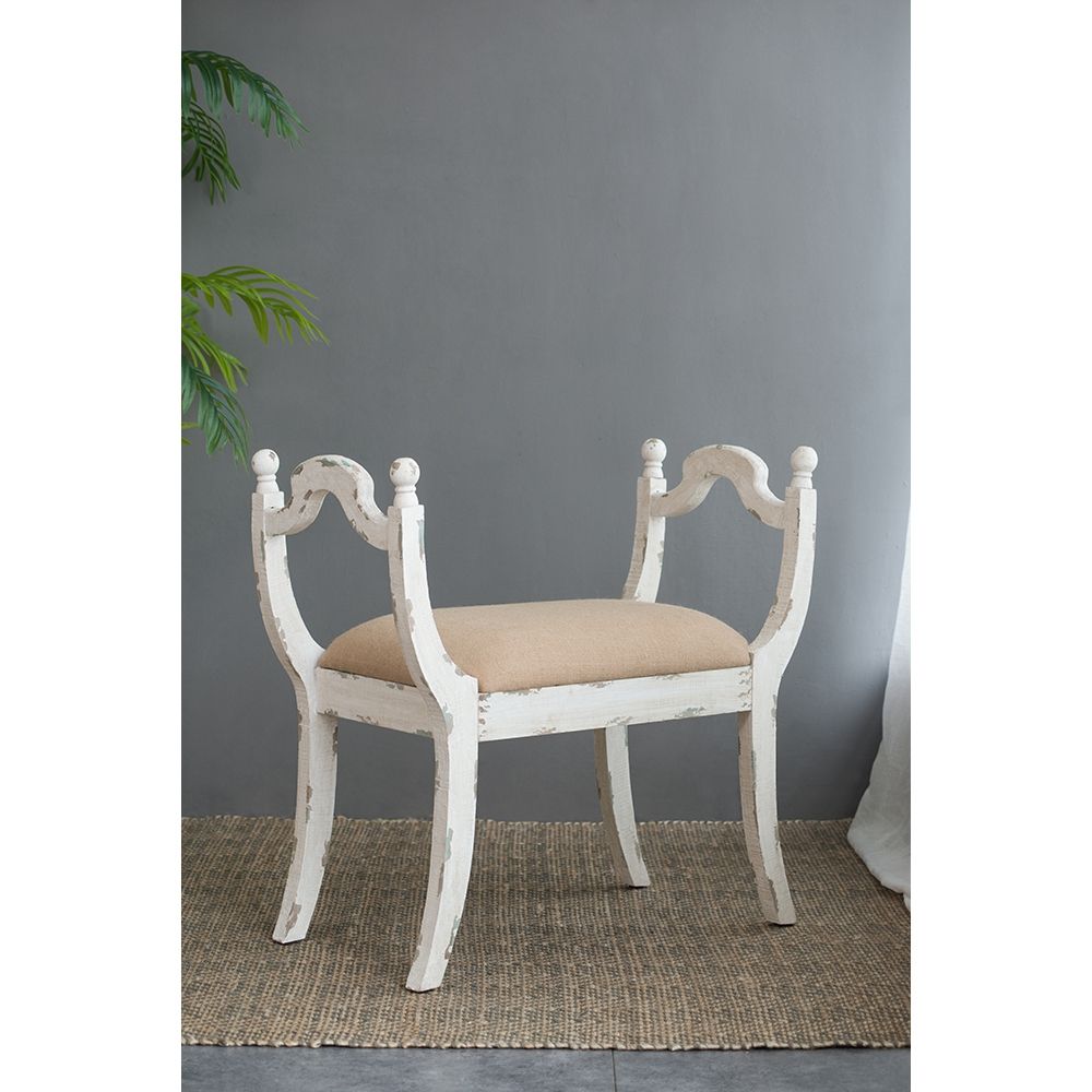 Farmhouse Vanity Bench with Padded Seat - Beige and White