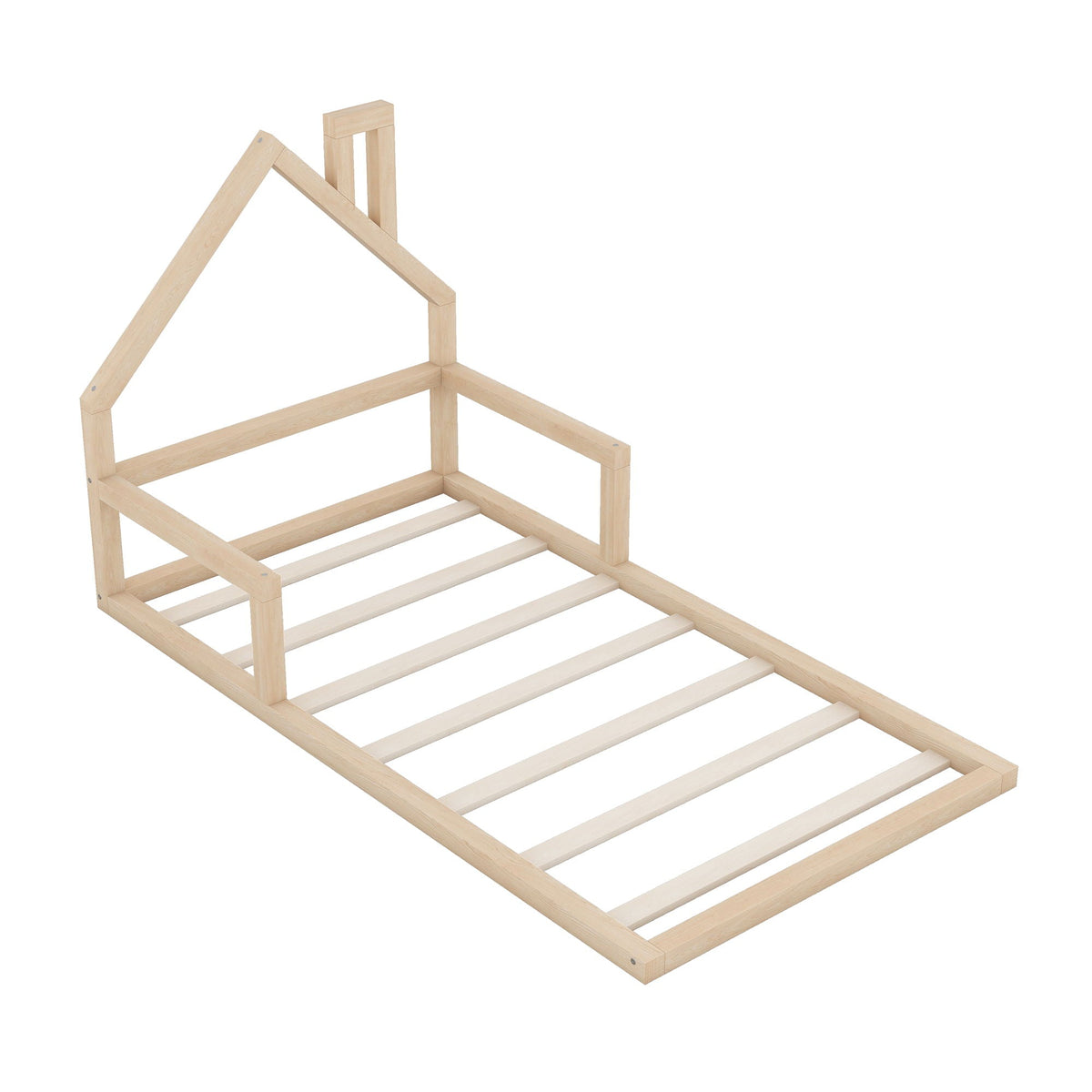 Floor Bed With House Shaped Headboard - Twin Size, Solid Pine - White or Light Brown