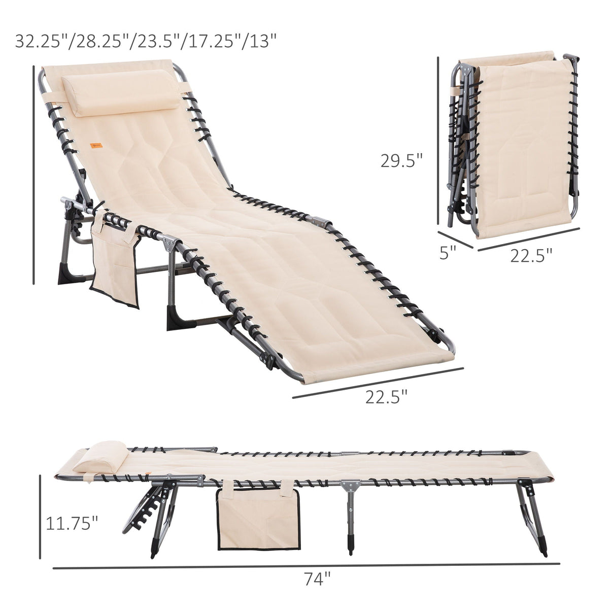 Padded Folding Chaise Lounge Chair with Adjustable Recline - Beige