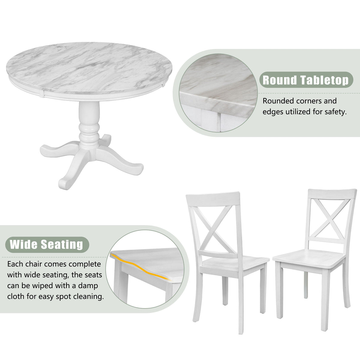 Solid Wood 5 Piece Dining Room Set with Table and 4 Chairs - White or Dark Gray