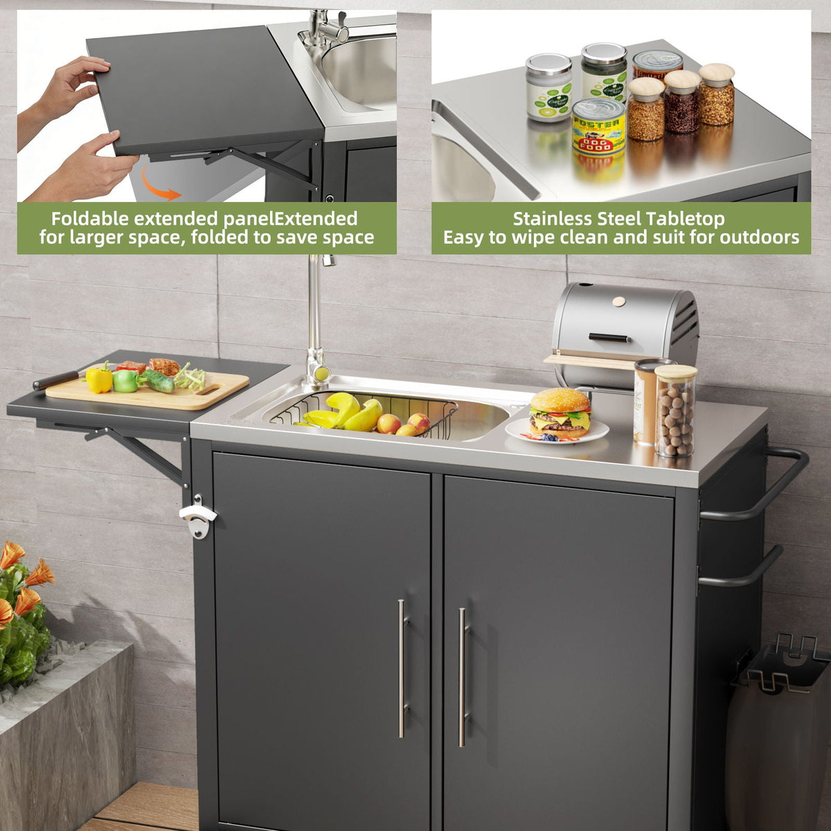 Outdoor Grill Table With Sink and Foldable Work Surface - Black