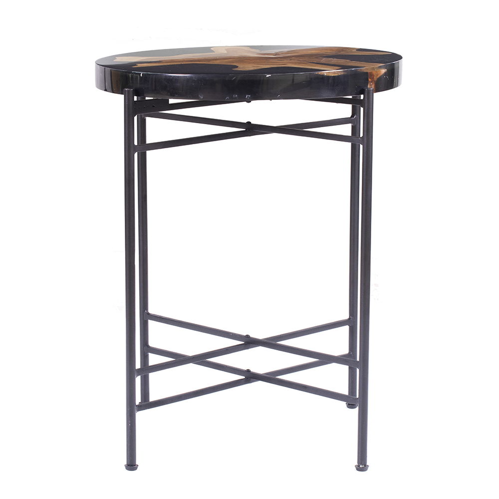 Black and Brown Side Table with Teak Root Wood and Iron Frame