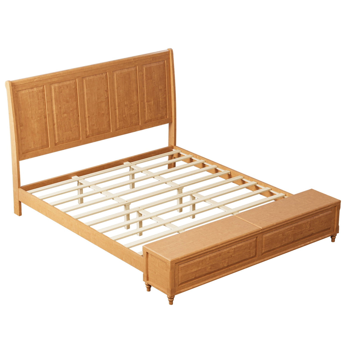 Sleigh Bed Frame with Tall Headboard and Storage Bench - Dark or Light Brown