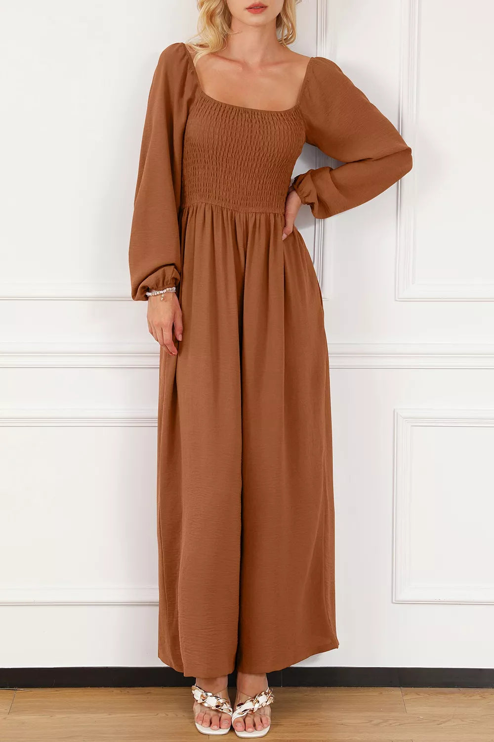 Boho Smocked Square Neck Wide Leg Jumpsuit