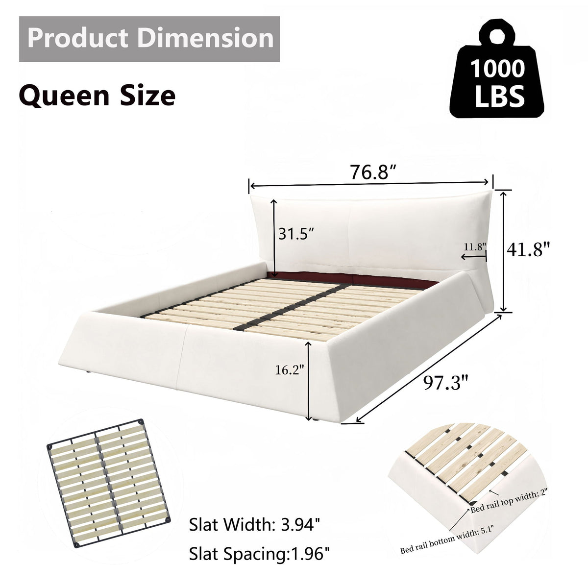 Upholstered Platform Bed with Special Shaped Headboard - Black or Beige