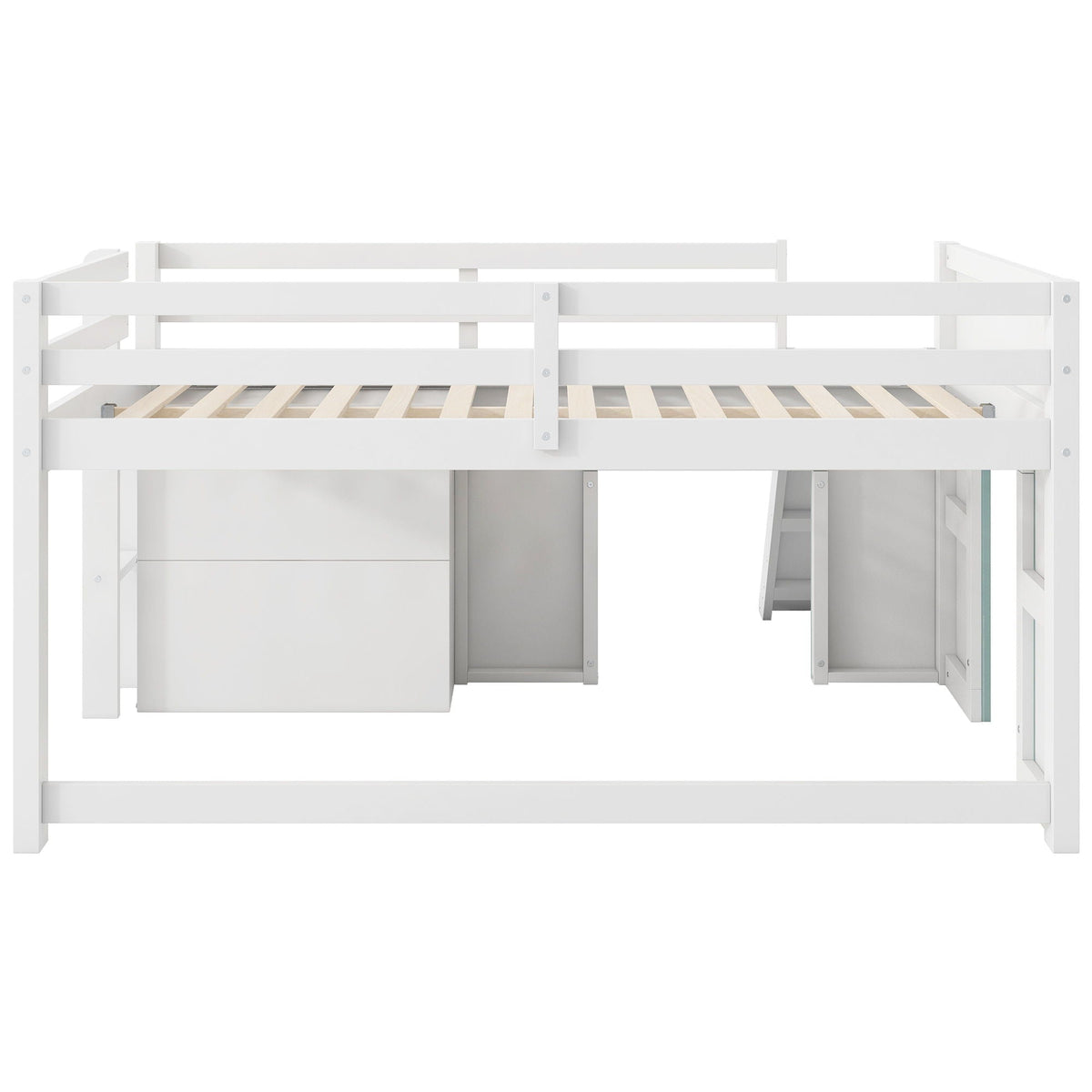 Modern Low Loft Bed with Slide, 3 Storage Drawers and 2 Doors - White