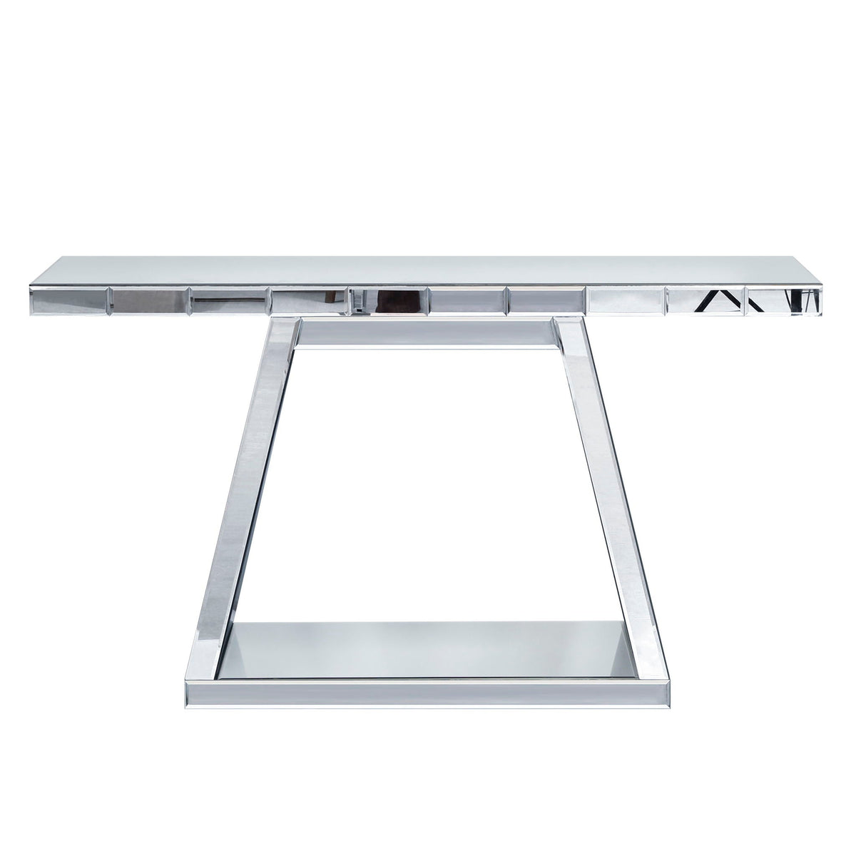 Full Body Mirror Console Table with 360° Reflective Surface and Trapezoid Base - Silver