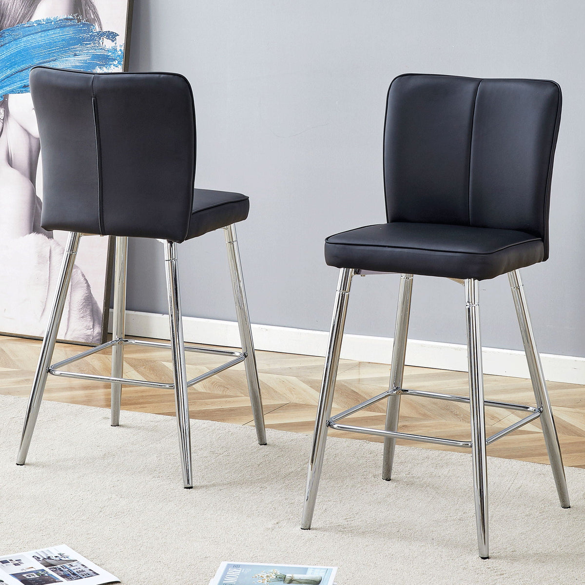 Modern Bar Chair Set with Streamlined Backrest and Metal Legs - Black/Silver