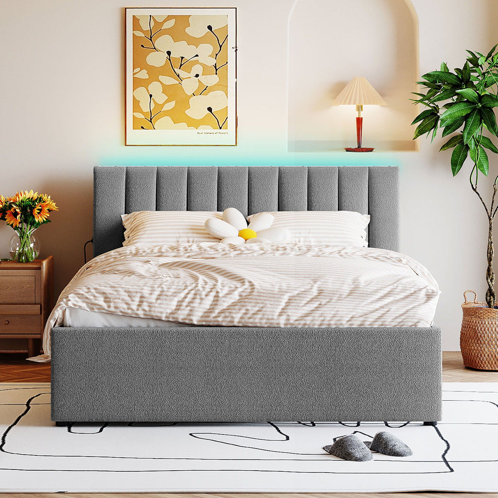 Upholstered Platform Bed With Trundle and LED Lights - Full or Queen