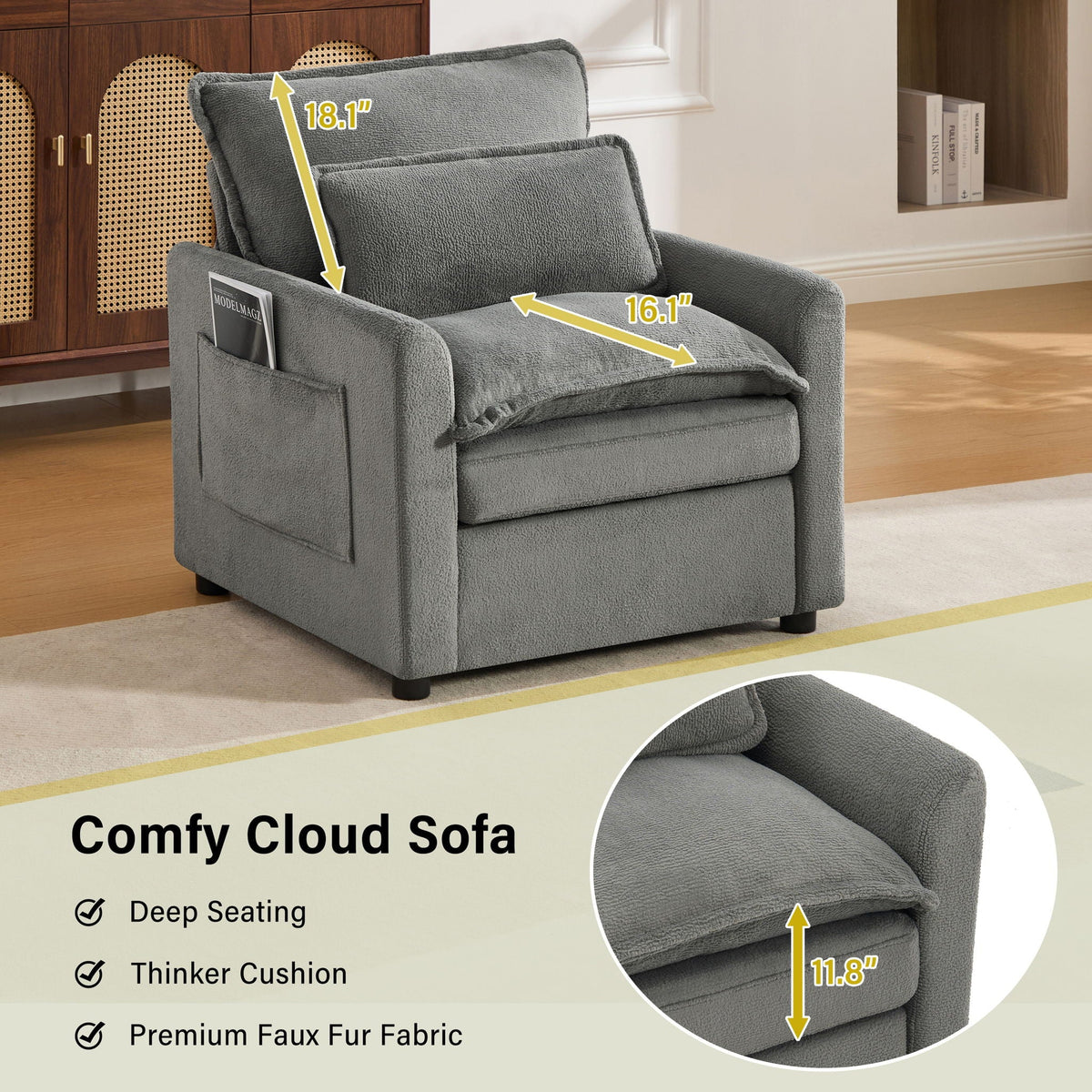 Modern Single Seat Accent Chair with Side Storage Pockets - Multiple Colors