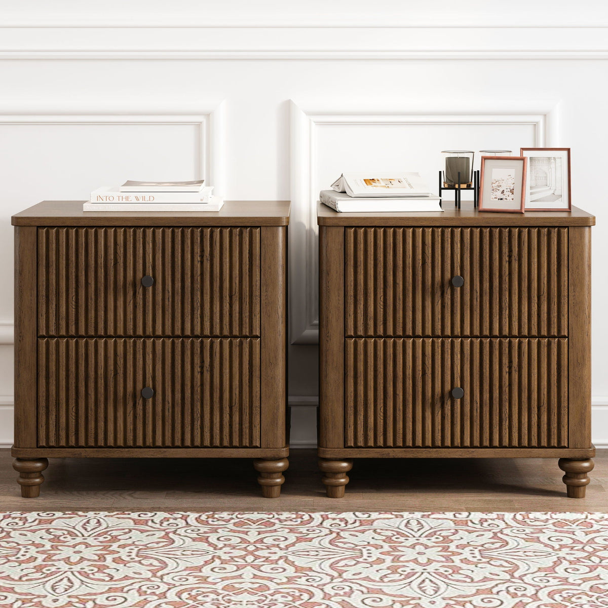 Modern Fluted Nightstand with 3 Drawers - Dark Brown or Light Brown