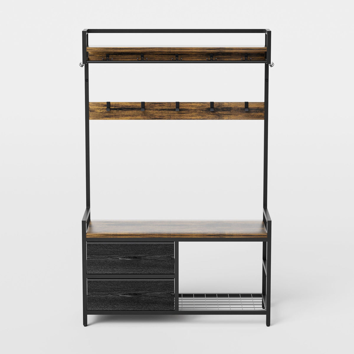 Rustic Brown Hall Tree With 2 Movable Drawers