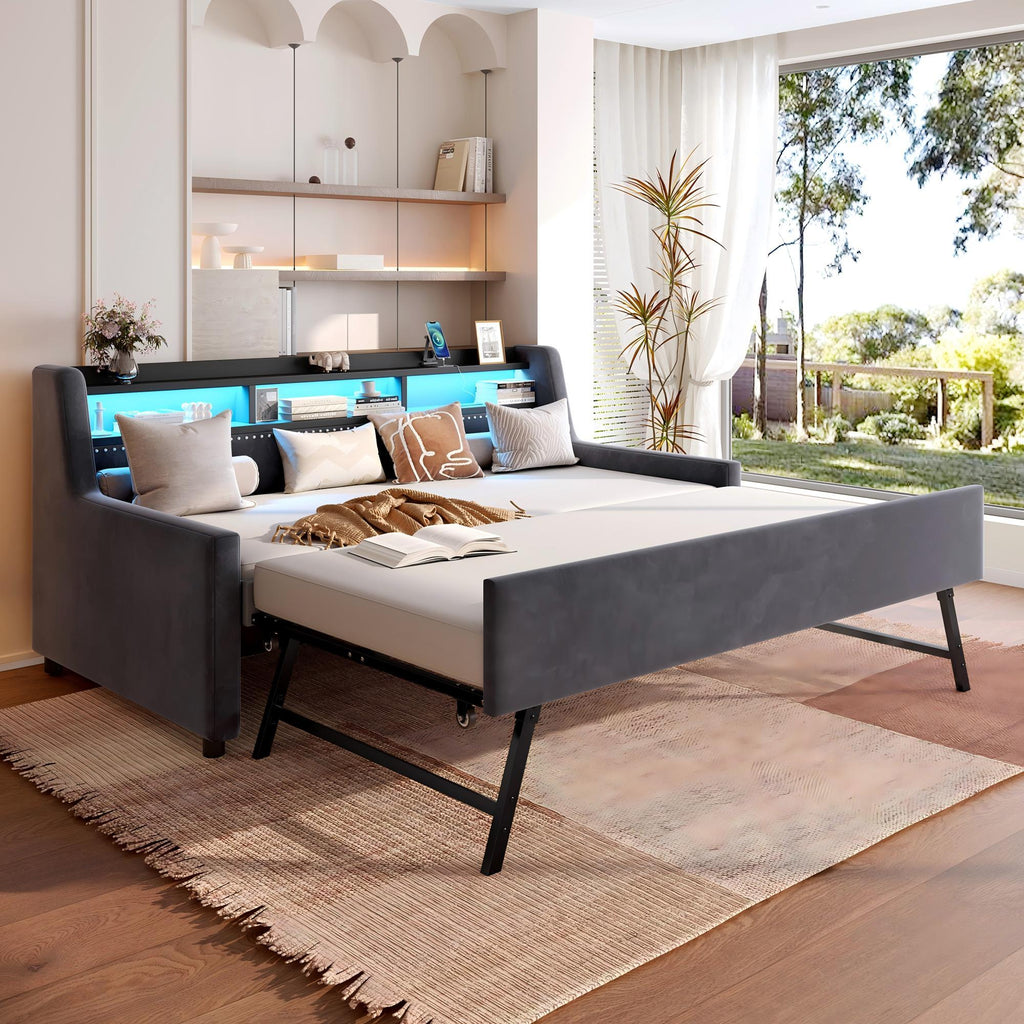 Twin Size Daybed With LED Light & Charging Station - Dark Gray
