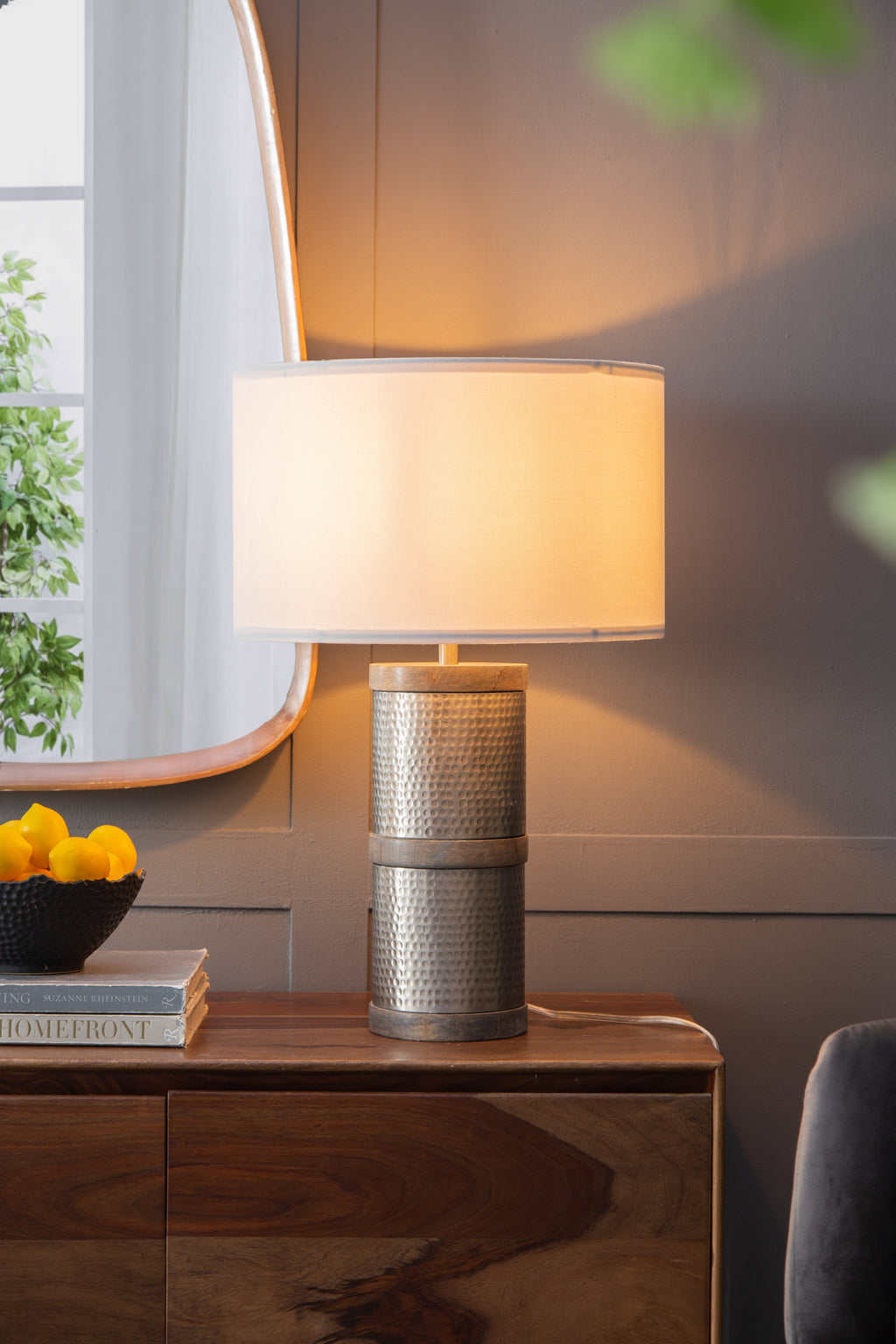 Hammered Iron Table Lamp with Mango Wood - Contemporary Lighting