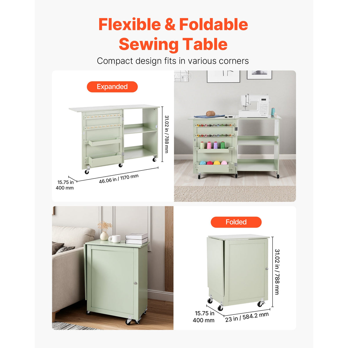 Folding Sewing Table with Compact Storage - Particle Board