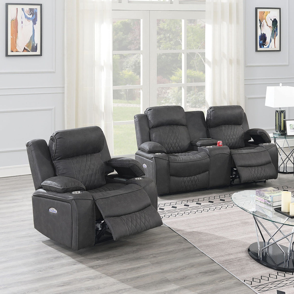 Power Motion Living Room Set with Adjustable Headrest & USB Port - Dark Brown or Dark Gray