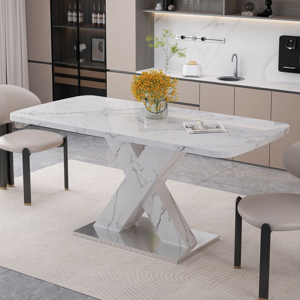 Modern Rectangle Dining Table with Stretchable Top and X Shape Legs - White or Black