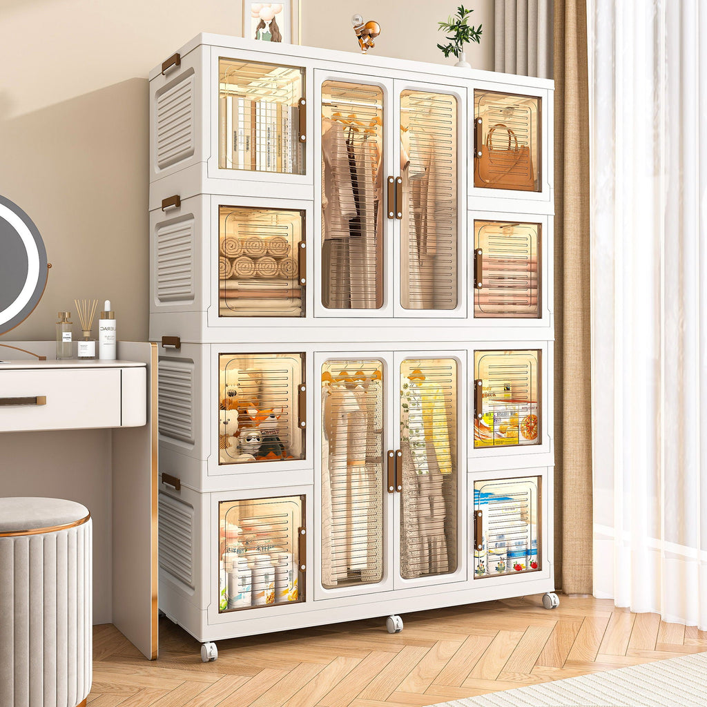Portable Wardrobe Closet Storage Organizer with Magnetic Doors - White