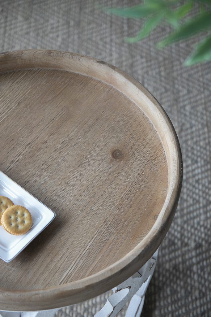 Rustic Round Wooden Side Table with Lattice Detail - Light Brown
