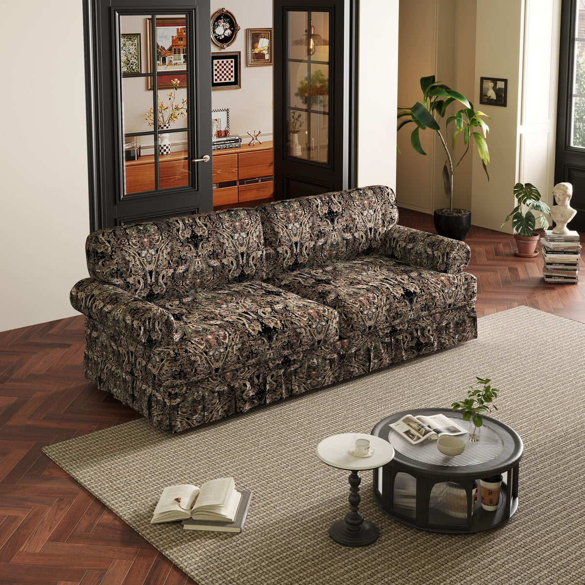 Cloud Couch Sofa with Rolled Arms and Pleated Skirt - Beige, Blue, or Light Brown