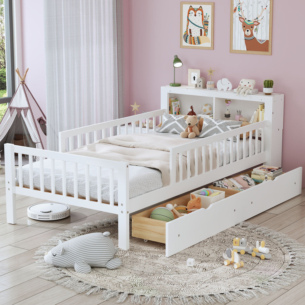 Twin Storage Bed with Headboard Rack & Under-Bed Drawers - Multiple Colors