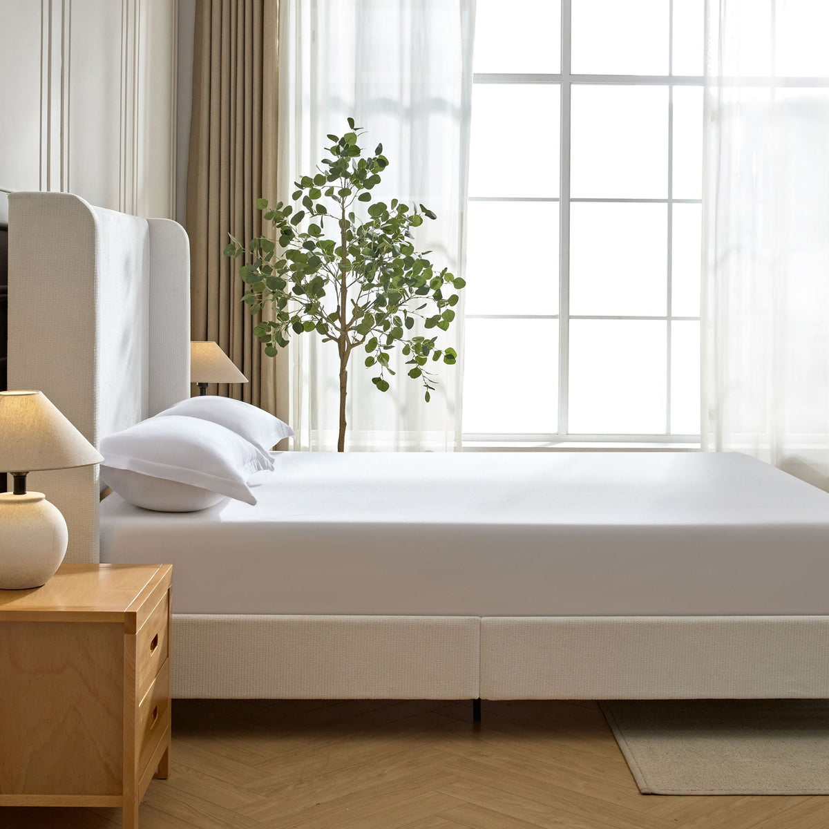 Tall Headboard Upholstered Bed with No Box Spring Needed - Cream
