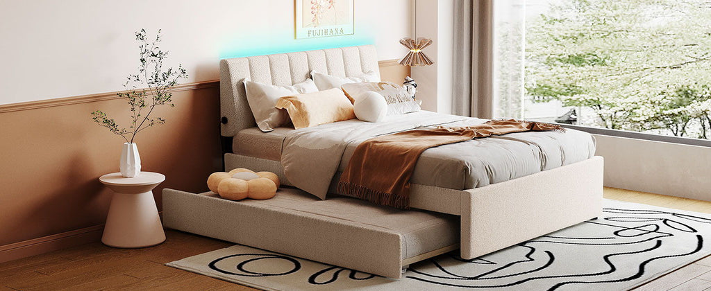 Upholstered Platform Bed With Trundle and LED Lights - Full or Queen