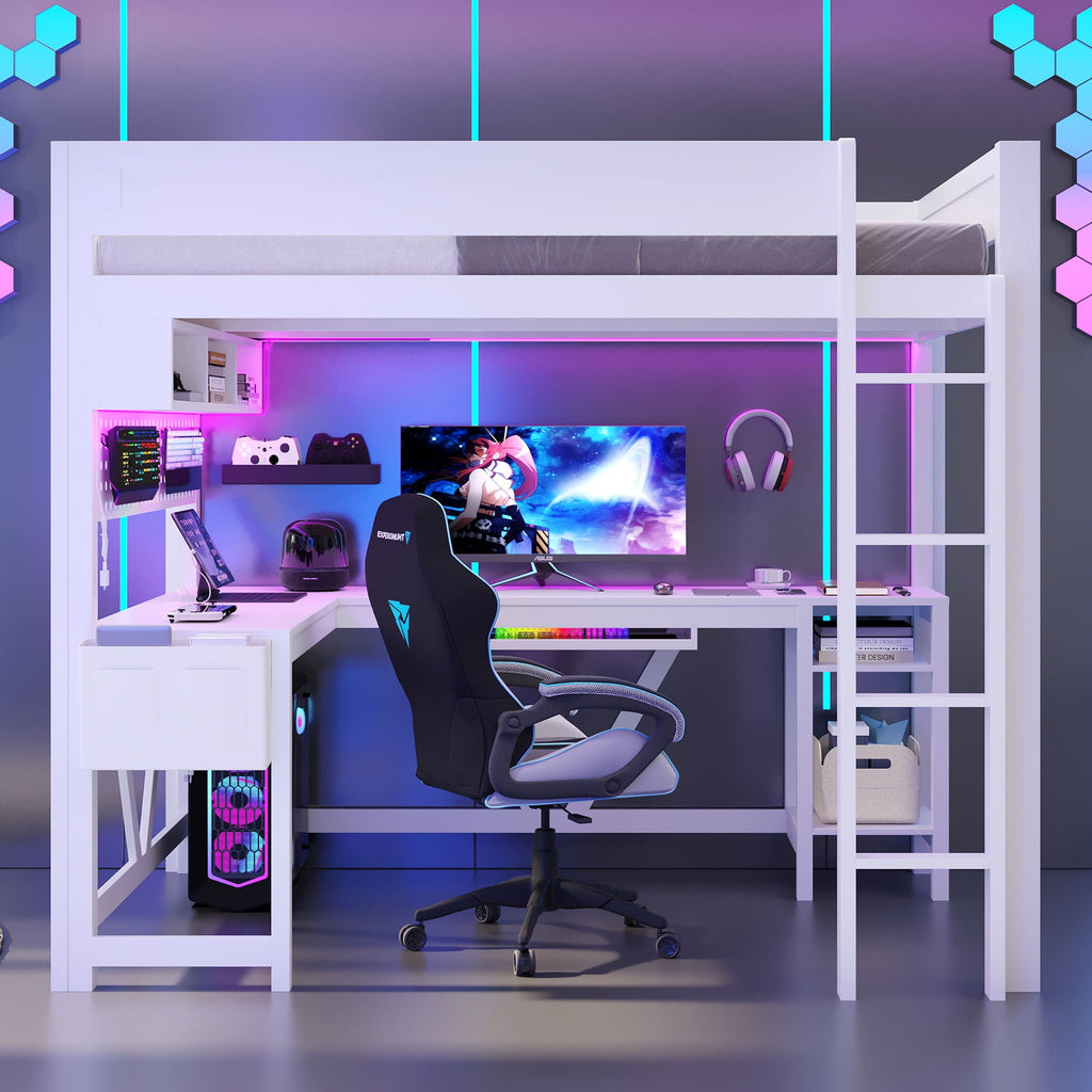 Gaming Loft Bed With Desk, Storage Shelves, LED and Charging Station - Full