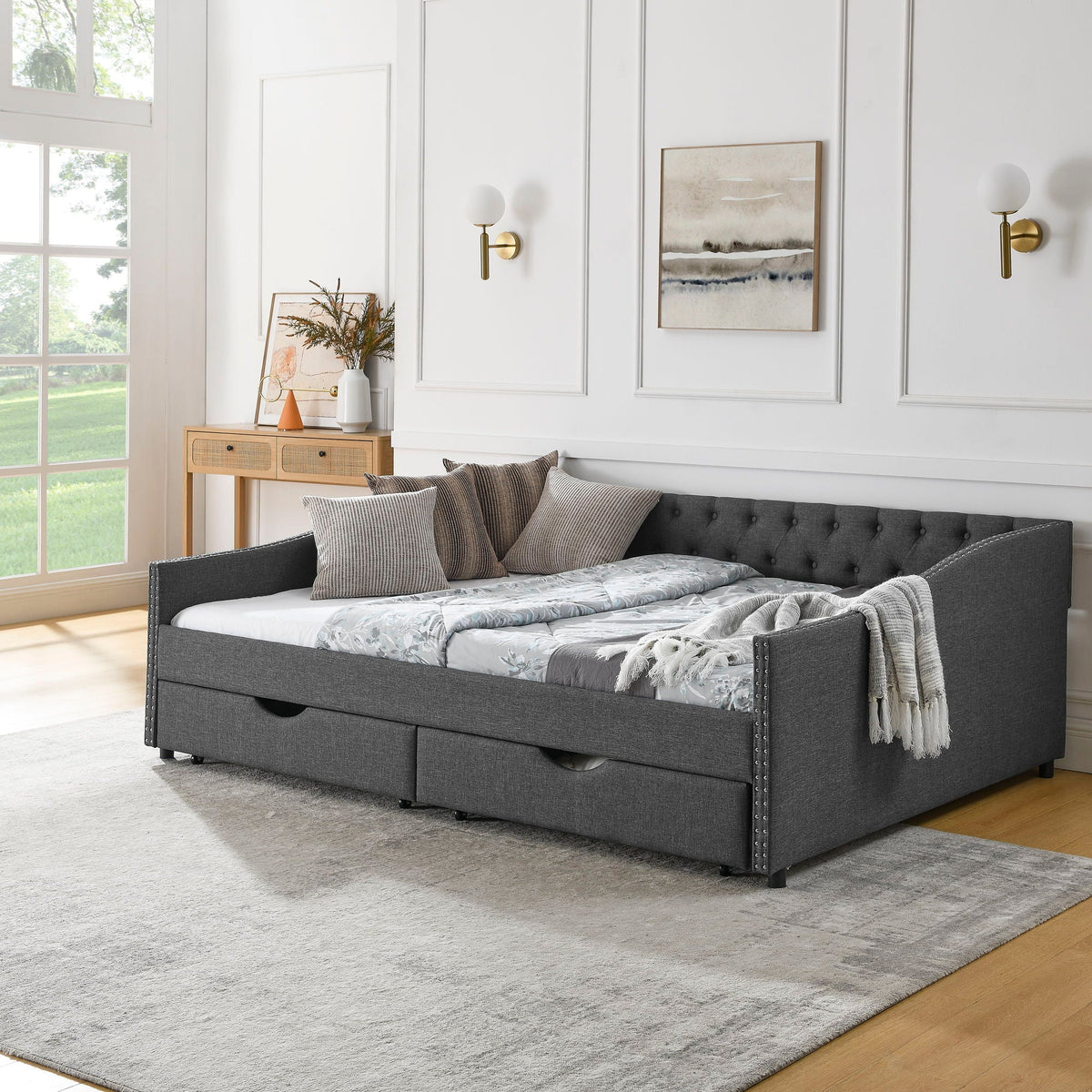 Upholstered Tufted Daybed with 2 Drawers and Waved Arms - Multiple Colors