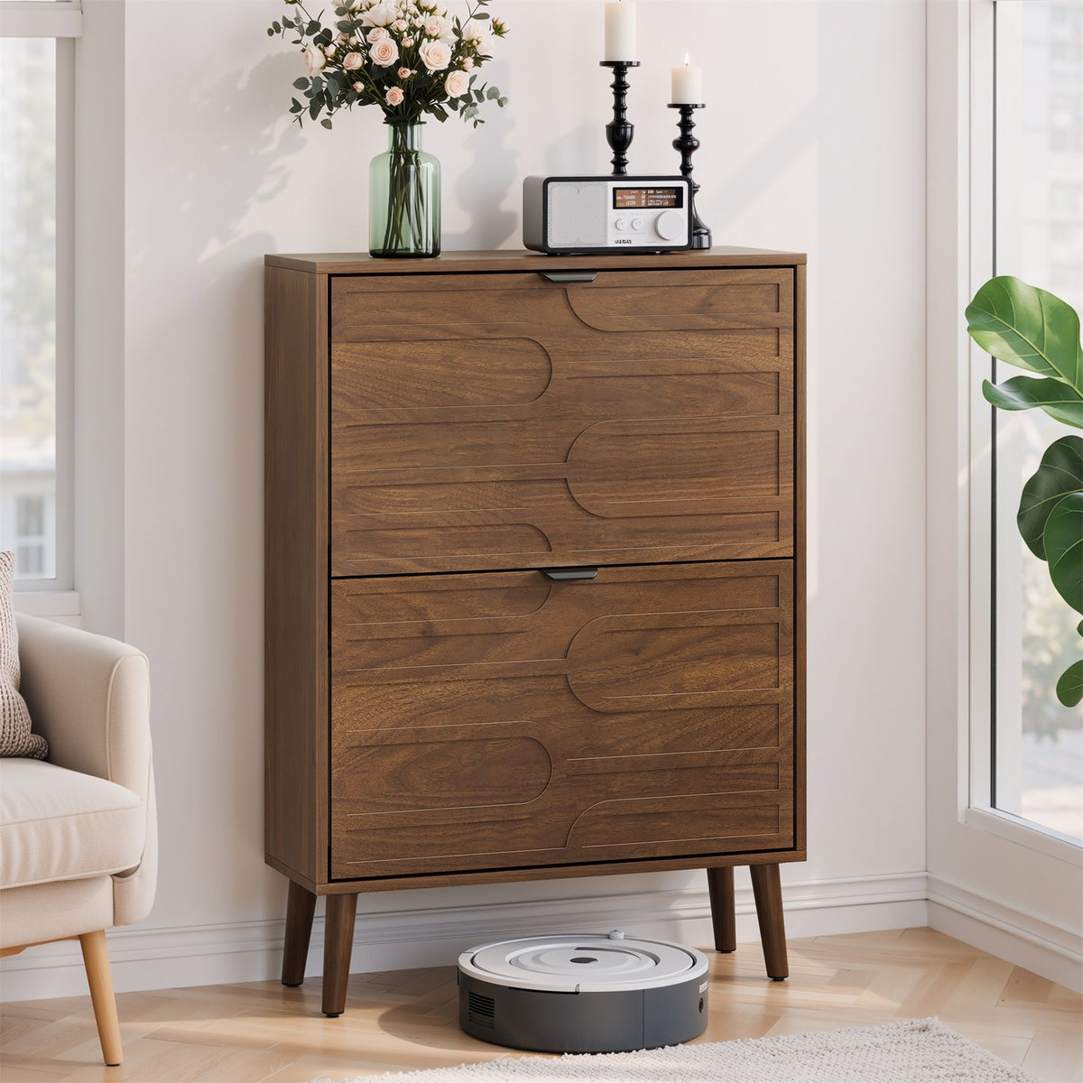 Dark Brown Shoe Cabinet with 2 Flip Drawers - Particle Board