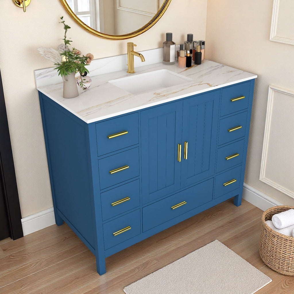 42" Modern Solid Wood Bathroom Vanity with Carrara Sink - Blue or White