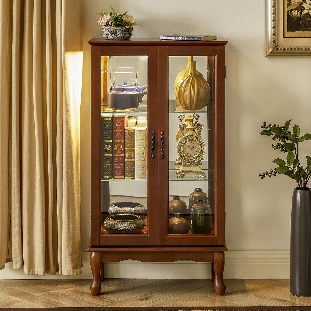 Lighted Curio Display Cabinet with Adjustable Shelves - Light Brown, Dark Brown, Dark Red