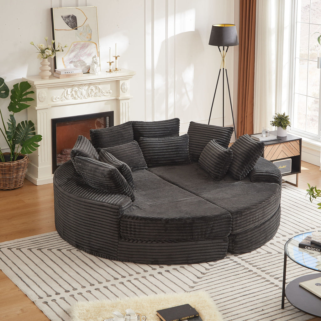 Round Oversized Sofa Bed with 5 Throw Pillows - Corduroy