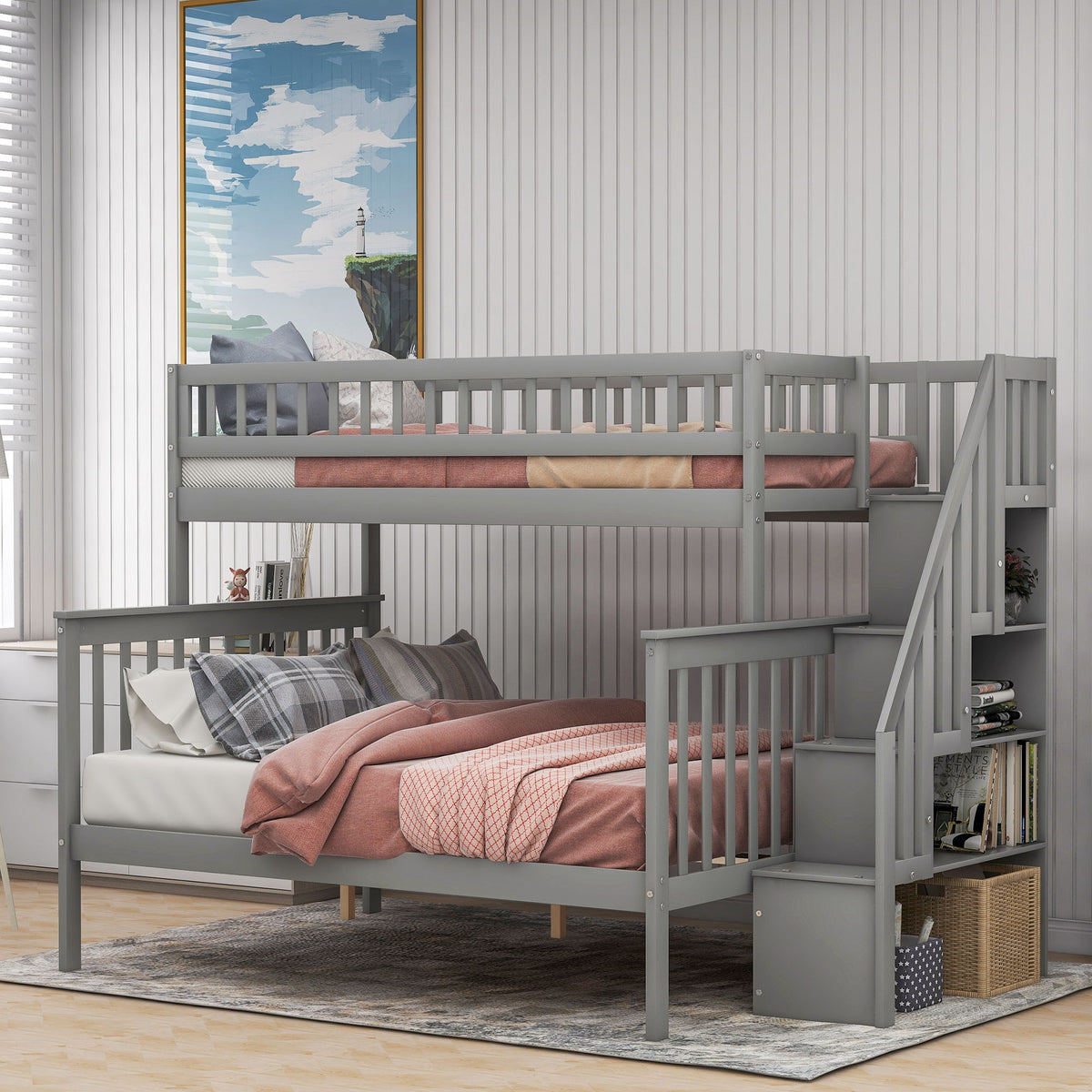 Bunk Bed with Staircase and Storage Options - Dark Gray or White